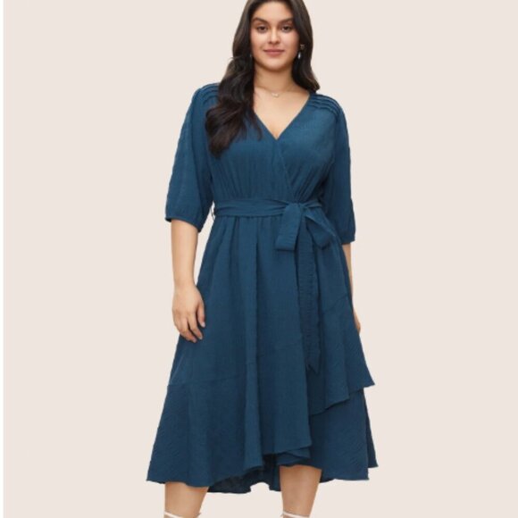 BloomChic Plus Size Plisse Overlap Collar Belted Pleated Detail Dress - Picture 4 of 7